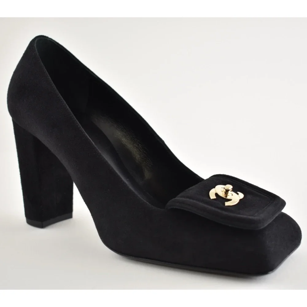 Chanel 26S Blazy Black Suede Square Toe Turnlock Gold CC Logo Block Heel Pump 38